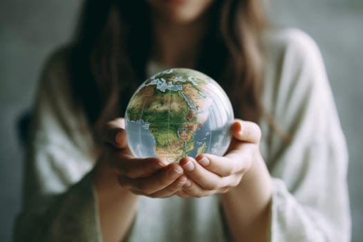 A woman holds a small globe gently in her hands, symbolizing care and stewardship for the planet. The focus on the globe suggests environmental awareness and global responsibility.