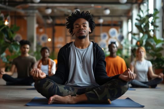 A young man leads a group meditation session in a modern urban space, exemplifying communal harmony and personal wellbeing. The diverse group finds a common ground in the pursuit of inner peace