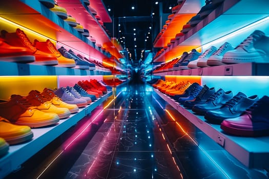 Background with shoes on shelves of shop.