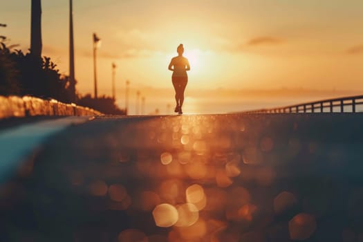 Against the backdrop of a breathtaking sunset, a solitary figure jogs along a serene path, a portrait of tranquility and endurance. The golden hour light casts a warm glow, highlighting the runner's solitary journey and commitment to health