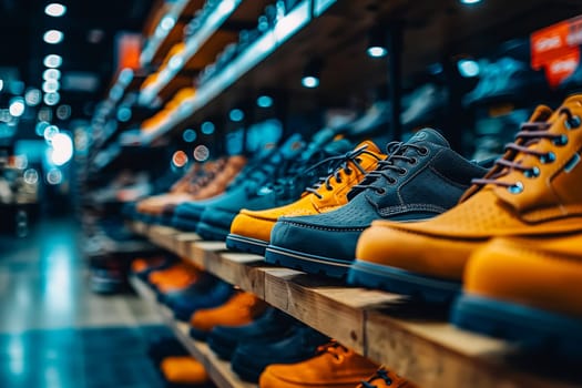 Background with shoes on shelves of shop.