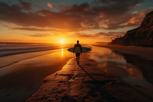 Silhouette of a man with a surfboard at sunset.