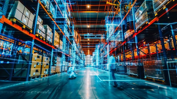 Futuristic Technology Retail Warehouse. Worker Doing Inventory Walks when Digitalization Process Analyzes Goods, Cardboard Boxes, Products with Delivery Infographics in Logistics, Distribution Center