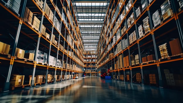 Futuristic Technology Retail Warehouse. Worker Doing Inventory Walks when Digitalization Process Analyzes Goods, Cardboard Boxes, Products with Delivery Infographics in Logistics, Distribution Center