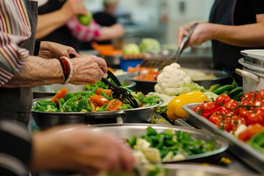 A bustling community kitchen scene with hands of diverse individuals preparing fresh vegetables. The collaborative spirit and learning environment highlight the joys of communal cooking