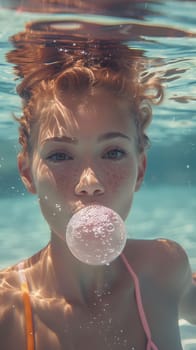 A happy woman is having fun blowing a bubble of gum underwater in a swimming pool, her eyes gleaming with delight as she enjoys leisure and recreation in the water