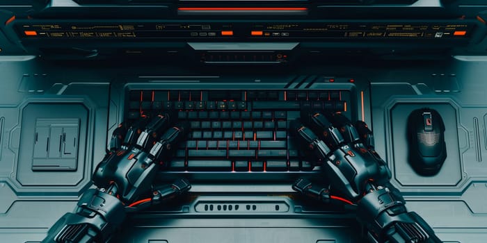 Top view of an AI robot hands typing on a computer.