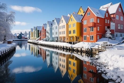 Street with colorful houses in Scandinavian style in winter. Bright houses are reflected in the river.