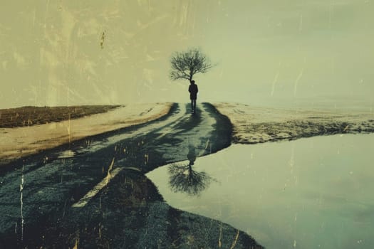 A lone figure stands at a crossroads on a desolate landscape, contemplating the divergent paths under a vast, textured sky. The artwork symbolizes choice and the uncertainty of the future.