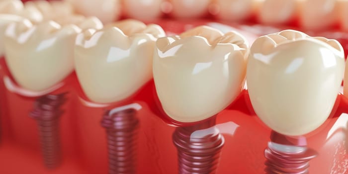 Close up of dental teeth implant. Medically accurate 3D illustration of dental implants concept. 3D rendering