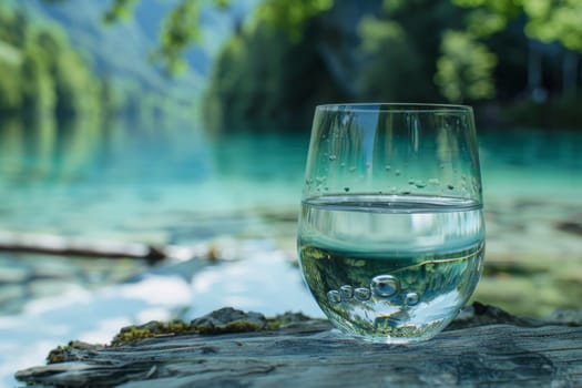 A glass of water rests on a weathered wooden surface, with the tranquil turquoise lake and verdant forest backdrop. The clarity of the water in the glass mirrors the pristine quality of the alpine lake