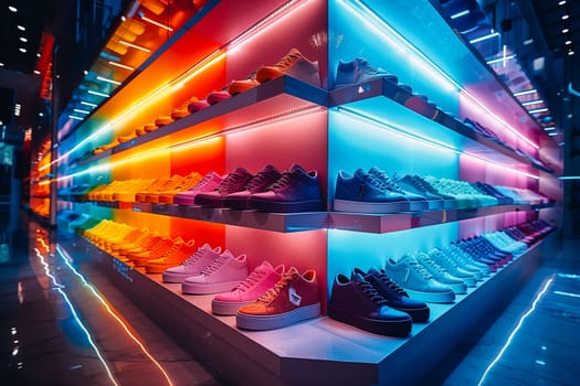 Background with shoes on shelves of shop.