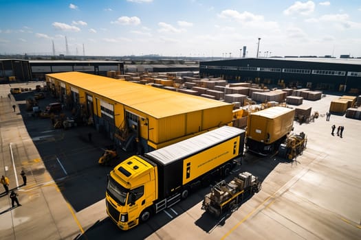 Aerial Shot of Industrial Warehouse Loading Dock where Many Truck with Semi Trailers Load Merchandise