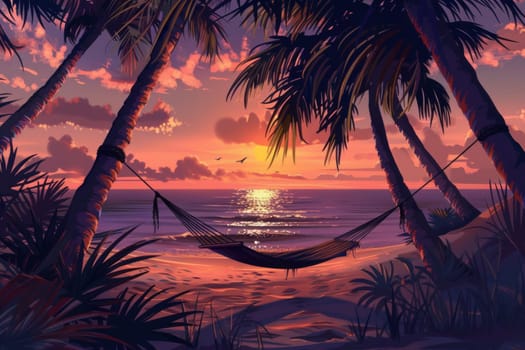 A tranquil beach scene at sunset, where a hammock gently sways between palm trees. The sky's warm hues reflect off the calm sea, inviting relaxation