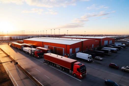 Aerial Shot of Industrial Warehouse Loading Dock where Many Truck with Semi Trailers Load Merchandise