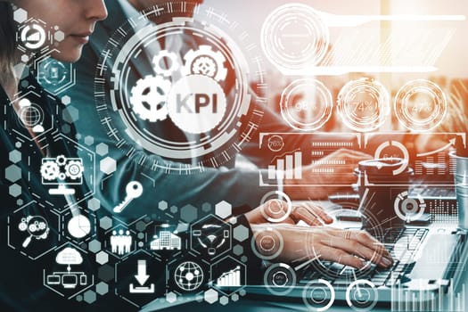 KPI Key Performance Indicator for Business Concept - Modern graphic interface showing symbols of job target evaluation and analytical numbers for marketing KPI management. uds