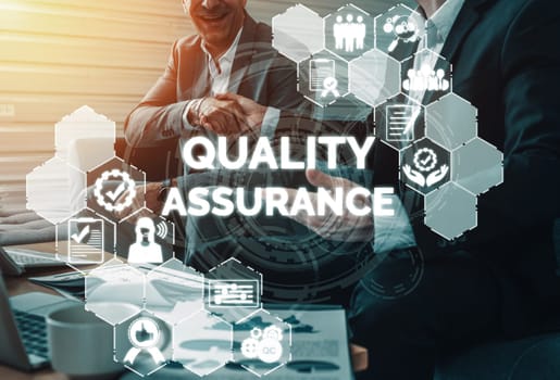 Quality Assurance and Quality Control Concept - Modern graphic interface showing certified standard process, product warranty and quality improvement technology for satisfaction of customer. uds