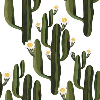 Blooming saguaro cactus. Seamless watercolor pattern for wrapping paper, wallpaper and textiles