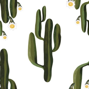 Blooming saguaro cactus. Seamless watercolor pattern for wrapping paper, wallpaper and textiles