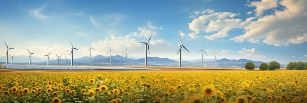 A sprawling field filled with vibrant sunflowers stretches towards the horizon, with majestic wind turbines standing tall in the background.
