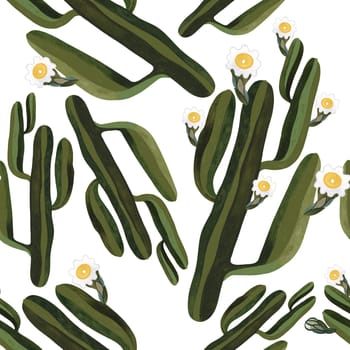 Blooming saguaro cactus. Seamless watercolor pattern for wrapping paper, wallpaper and textiles