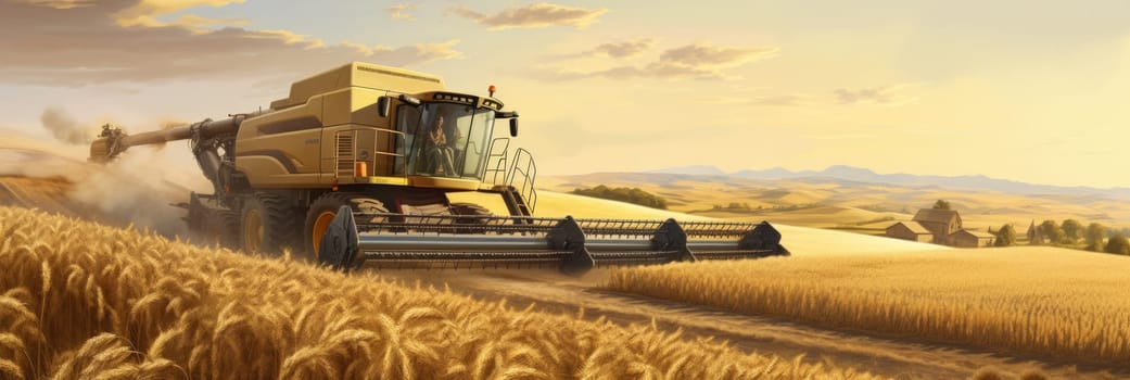 A painting depicting a combine harvester at work in a field of wheat.
