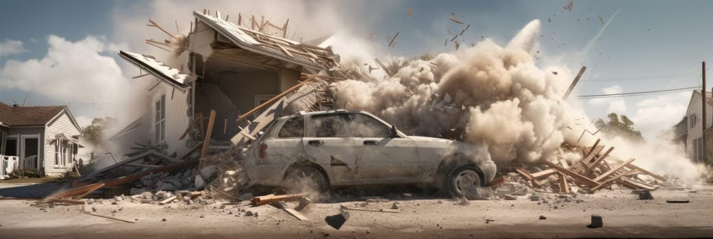 A car is parked in front of a building undergoing demolition, showing the aftermath of destroyed houses.