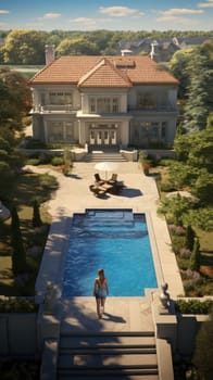A person stands in front of a swimming pool at a luxurious mansion, captured by a quadcopter.
