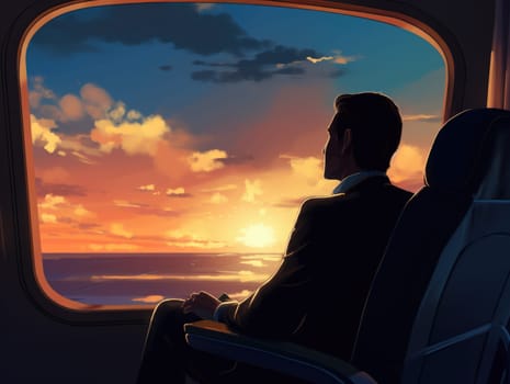 A male businessman sits in an airplane, looking out the window as he observes the vibrant sunset.