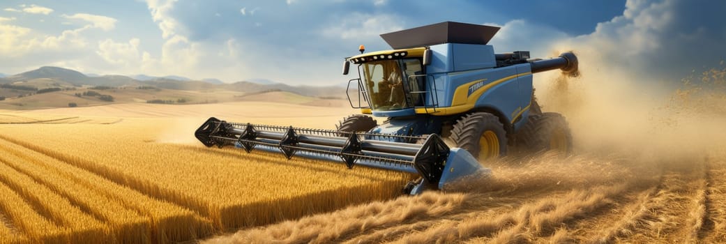 A combine in blue and yellow colors is seen harvesting wheat in a vast field.