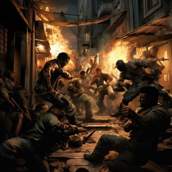 This painting captures the intense action of a group of men fighting within a chaotic street setting.