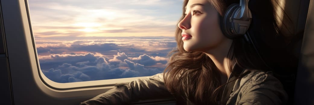 A woman wearing headphones looks out of an airplane window during a flight.