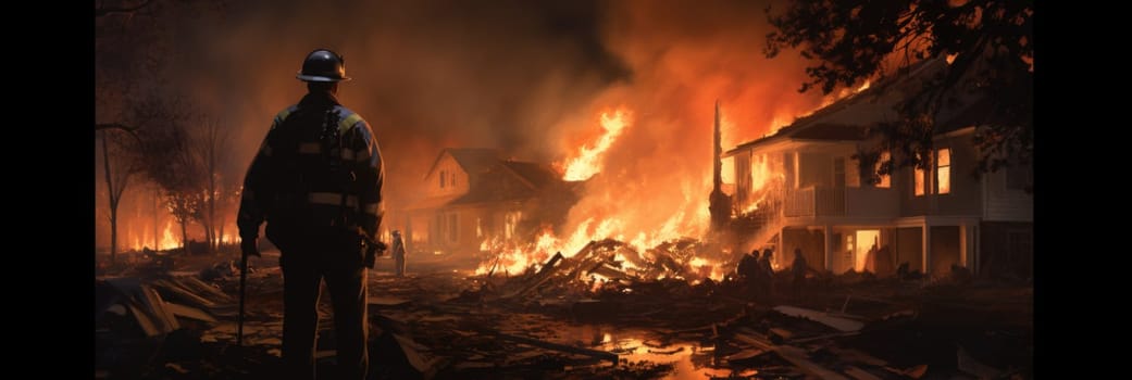 A firefighter in full gear stands determinedly in front of a house engulfed in flames, battling the fire.