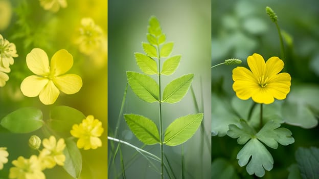 The photo features three distinct images showcasing the beauty of yellow flowers and green leaves.