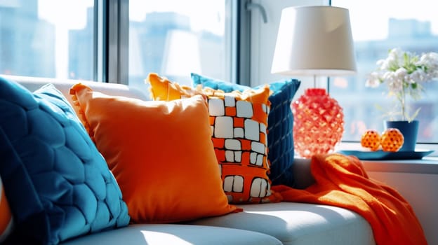 vibrant interior design with colored sofa and cushions - generative AI