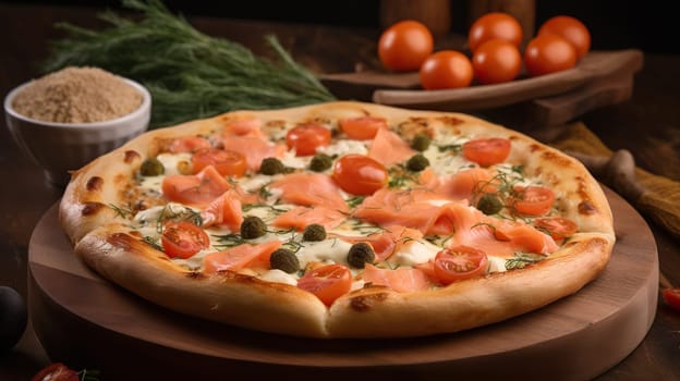 Gourmet pizza topped with smoked salmon, cherry tomatoes, and capers - Generative AI