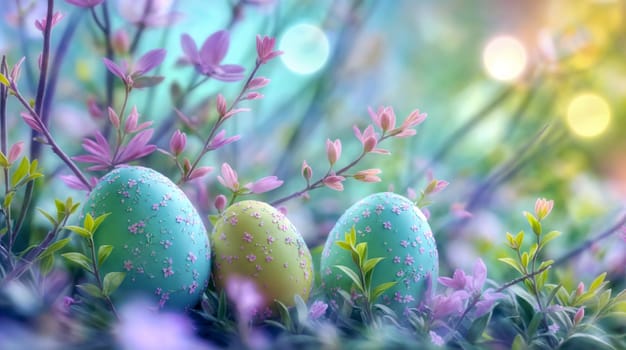 Three Vibrantly Decorated easter Eggs Nestled in the Lush Green Grass - generative AI