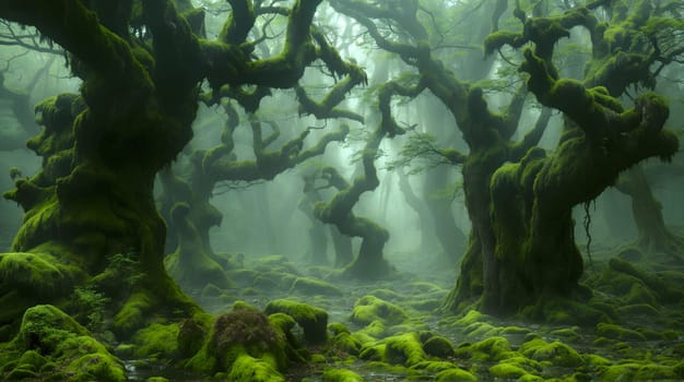 The serene beauty of an old, mossy forest is captured as the early morning mist weaves through the knotted, ancient trees - Halloween background - Generative AI