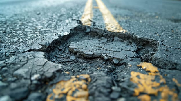 Hole in asphalt on road. Asphalted highway with cracks. Generative AI.