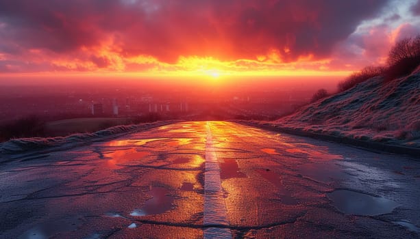 The perspective of the road against the background of sunset and the cityscape. High quality photo