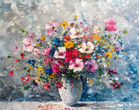 A beautiful painting of flowers in a vase on a table, showcasing the art of flower arranging with vibrant colors and intricate details
