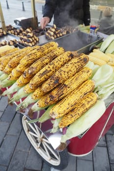 Yellow corn is baked or roasted on charcoal. Street food istanbul .