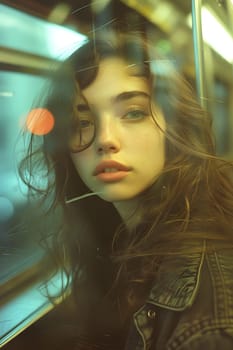 The woman with long black hair and a cool hairstyle is looking out of the window on the train, with a fun facial expression and fluttering eyelashes