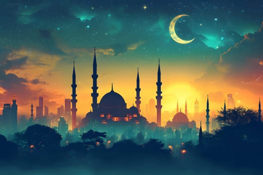 Ramadan mosque with night afterglow sky with crescent. Neural network generated in January 2024. Not based on any actual scene or pattern.
