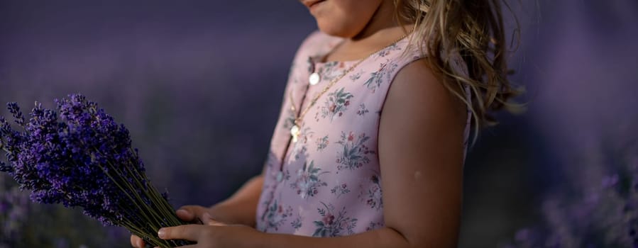 girl lavender field banner in a pink dress holds a bouquet of lavender on a lilac field. Aromatherapy concept, lavender oil, photo shoot in lavender.