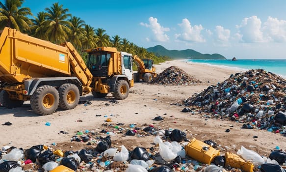 Excavators work diligently to clean a heavily polluted beach filled with a mix of household and industrial waste.