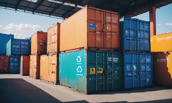 A neat arrangement of colorful shipping containers stacked outdoors under a clear blue sky.