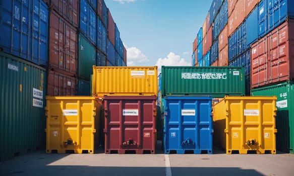 A neat arrangement of colorful shipping containers stacked outdoors under a clear blue sky.