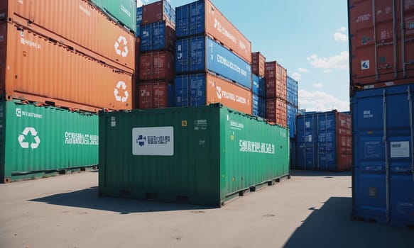 A neat arrangement of colorful shipping containers stacked outdoors under a clear blue sky.