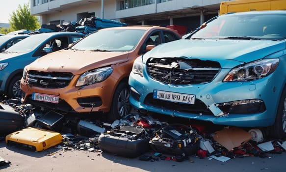 A chaotic scene of multiple damaged cars post-collision in an urban setting. The wreckage illustrates the urgent need for road safety.